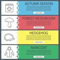 Autumn web banner templates set. Calendar page with maple leaf, mushroom, hedgehog, raincoat. Website color menu items. Vector headers design concepts