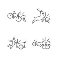 Traffic collision scenarios linear icons set. Bicycle crash. Colliding with wildlife. Hitting pedestrian. Customizable thin line contour symbols. Isolated vector outline illustrations. Editable stroke