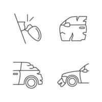 Auto body damage linear icons set. Broken view mirror. Scratches in vehicle exterior. Rear-end collision. Customizable thin line contour symbols. Isolated vector outline illustrations. Editable stroke