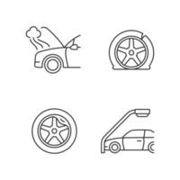 Vehicle damage in car accident cases linear icons set. Mechanical breakdown. Automobile tire defects. Customizable thin line contour symbols. Isolated vector outline illustrations. Editable stroke