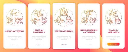 Human rights violation onboarding mobile app page screen. Racism and sexism walkthrough 5 steps graphic instructions with concepts. UI, UX, GUI vector template with linear color illustrations