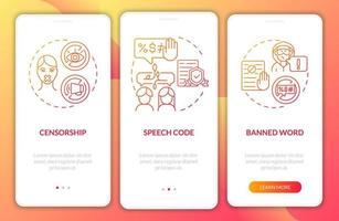 Policies on hate speech onboarding mobile app page screen. Banned word walkthrough 3 steps graphic instructions with concepts. UI, UX, GUI vector template with linear color illustrations