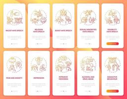 Aggression exposure onboarding mobile app page screen set. Psychological problems walkthrough 5 steps graphic instructions with concepts. UI, UX, GUI vector template with linear color illustrations