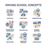 Driving school concept icons set. Car riding education idea thin line color illustrations. Learning road signs and rules. Drivers license. Vector isolated outline drawings. Editable stroke