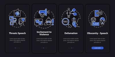 Unprotected speech categories onboarding mobile app page screen. Incitement walkthrough 4 steps graphic instructions with concepts. UI, UX, GUI vector template with linear night mode illustrations