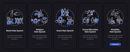 Hate crime against onboarding mobile app page screen. Disability and religion walkthrough 5 steps graphic instructions with concepts. UI, UX, GUI vector template with linear night mode illustrations