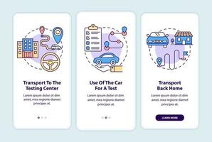 servicios de prueba de carretera incorporando la pantalla de la página de la aplicación móvil. La escuela de manejo ofrece instrucciones gráficas paso a paso de 3 pasos con conceptos. ui, ux, plantilla de vector de interfaz gráfica de usuario con ilustraciones en color lineal