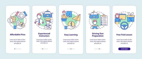 Driving school benefits onboarding mobile app page screen. Advantages walkthrough 5 steps graphic instructions with concepts. UI, UX, GUI vector template with linear color illustrations