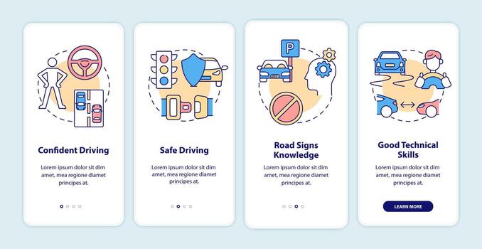 Driving course results onboarding mobile app page screen. Drivers license walkthrough 4 steps graphic instructions with concepts. UI, UX, GUI vector template with linear color illustrations