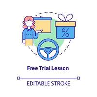 Free trial lesson concept icon. Driving school offer abstract idea thin line illustration. Automobile riding course. Test class. Vector isolated outline color drawing. Editable stroke