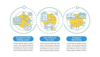 servicios de examen de conductores vector plantilla de infografía. la escuela ofrece elementos de diseño de esquema de presentación. visualización de datos con 3 pasos. gráfico de información de la línea de tiempo del proceso. diseño de flujo de trabajo con iconos de línea