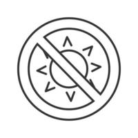 Forbidden sign with sun linear icon. No light prohibition. Thin line illustration. Stop contour symbol. Vector isolated outline drawing