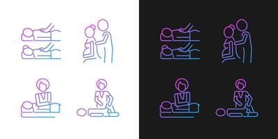 Relaxing spa experience gradient icons set for dark and light mode. Deep pressure. Recover injury. Thin line contour symbols bundle. Isolated vector outline illustrations collection on black and white