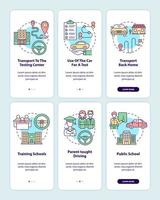 Driver education offers onboarding mobile app page screen set. Course for teens walkthrough 3 steps graphic instructions with concepts. UI, UX, GUI vector template with linear color illustrations