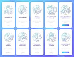 Career development gradient onboarding mobile app page screen set. Job walkthrough 5 steps graphic instructions with concepts. UI, UX, GUI vector template with linear color illustrations collection