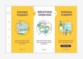 Pulmonary rehabilitation and therapy onboarding vector template. Responsive mobile website with icons. Web page walkthrough 3 step screens. Treatment methods color concept with linear illustrations