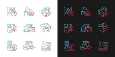 Food analysis gradient icons set for dark and light mode. Products research. Lab testing. Thin line contour symbols bundle. Isolated vector outline illustrations collection on black and white