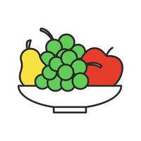 Bowl with fruit color icon. Harvest. Pear, apple, bunch of grapes. Still life. Isolated vector illustration