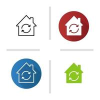 Home restoration icon. Flat design, linear and glyph color styles. House with refresh sign. Isolated vector illustrations