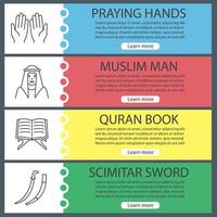 Islamic culture web banner templates set. Praying hands, muslim man, quran book, scimitar sword. Website menu items with linear icons. Vector headers design concepts