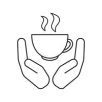 Open palms with hot drink cup linear icon. Free teacup, coffee cup. Thin line illustration. Coffee house. Contour symbol. Vector isolated outline drawing