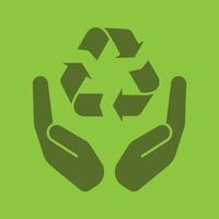 Open palms with recycling sign glyph color icon. Pollution prevention. Silhouette symbol. Waste recycling. Negative space. Vector isolated illustration