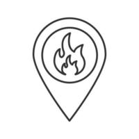 Fire location linear icon. Thin line illustration. Map pinpoint with flame inside. Contour symbol. Vector isolated outline drawing