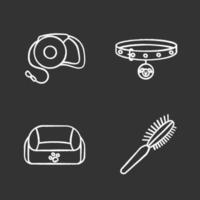 Pets supplies chalk icons set. Dog neck collar and retractable lead, pet bed, fur brush. Isolated vector chalkboard illustrations