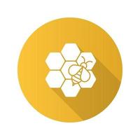 Beekeeping flat design long shadow glyph icon. Honey bee on honeycomb. Apiary. Vector silhouette illustration