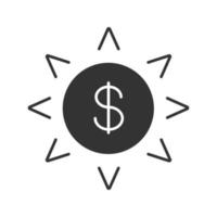 Sun with dollar sign glyph icon. Silhouette symbol. Using solar energy. Negative space. Vector isolated illustration