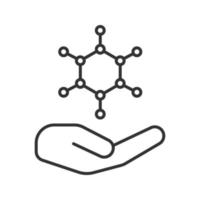 Open hand with molecule linear icon. Chemical engineering. Thin line illustration. Chemical contamination prevention. Contour symbol. Vector isolated outline drawing.