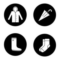 Autumn weather glyph icons set. Raincoat, warm socks, watertight, closed umbrella. Vector white silhouettes illustrations in black circles