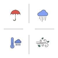 Autumn weather color icons set. Rainy cloud with thermometer, umbrella, wind blowing. Isolated vector illustrations