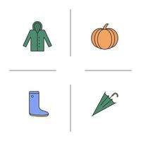 Autumn season color icons set. Raincoat, pumpkin, rubber boot, closed umbrella. Isolated vector illustrations