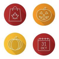 Halloween flat linear long shadow icons set. Pumpkins, October 31 date, shopping bag with maple leaf. Vector outline illustration