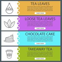 conjunto de plantillas de banner web de té. hojas sueltas a granel, tarta de chocolate, vaso de papel para llevar. elementos del menú de color del sitio web con iconos lineales. conceptos de diseño de encabezados vectoriales vector