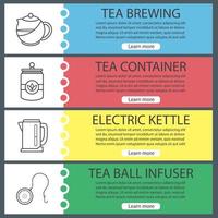 Tea web banner templates set. Brewing teapot, container, electric kettle, ball infuser. Website color menu items with linear icons. Vector headers design concepts