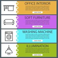 Furniture web banner templates set. Writing desk, sofa, washing machine, ceiling lamp. Website color menu items with linear icons. Vector headers design concepts