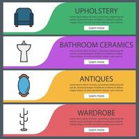 Furniture web banner templates set. Armchair, washstand, wall mirror, clothes stand. Website color menu items. Vector headers design concepts