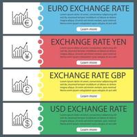 Currencies exchange rates web banner templates set. Market growth charts with US dollar, pound, yen, euro signs. Website color menu items with linear icons. Vector headers design concepts