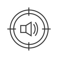 Aim on loudspeaker linear icon. Thin line illustration. Sound technician, soundman searching. Contour symbol. Vector isolated outline drawing