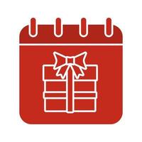 icono de color de glifo de fecha de cumpleaños. página de calendario con caja de regalo. símbolo de silueta sobre fondo blanco. espacio negativo. ilustración vectorial