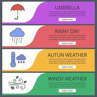 Autumn weather web banner templates set. Umbrella, rainy cloud, thermometer, wind blowing. Website color menu items. Vector headers design concepts