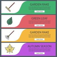 Autumn season web banner templates set. Rakes, maple leaf. Website color menu items. Vector headers design concepts