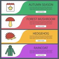 Autumn season web banner templates set. Calendar with maple leaf, mushroom, hedgehog, raincoat. Website color menu items. Vector headers design concepts