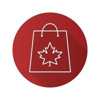 Autumn shopping flat linear long shadow icon. Shopping bag with maple leaf. Vector outline symbol