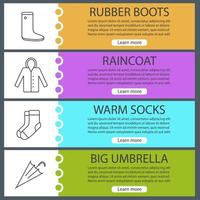 Autumn clothes web banner templates set. Gumboot, raincoat, warm socks, umbrella. Website color menu items with linear icons. Vector headers design concepts