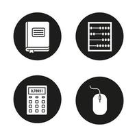 Accounting glyph icons set. Bookkeeper's journal, abacus, calculator, computer mouse. Vector white silhouettes illustrations in black circles