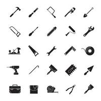 Construction tools glyph icons set. Renovation and repair instruments. Silhouette symbols. Jack plane, shovel, spade, cordless drill, measuring tape, chisel, pincers. Vector isolated illustration