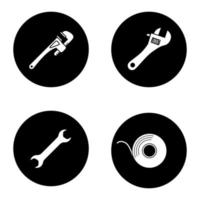 Construction tools glyph icons set. Monkey wrench, spanners, adhesive tape roll. Vector white silhouettes illustrations in black circles